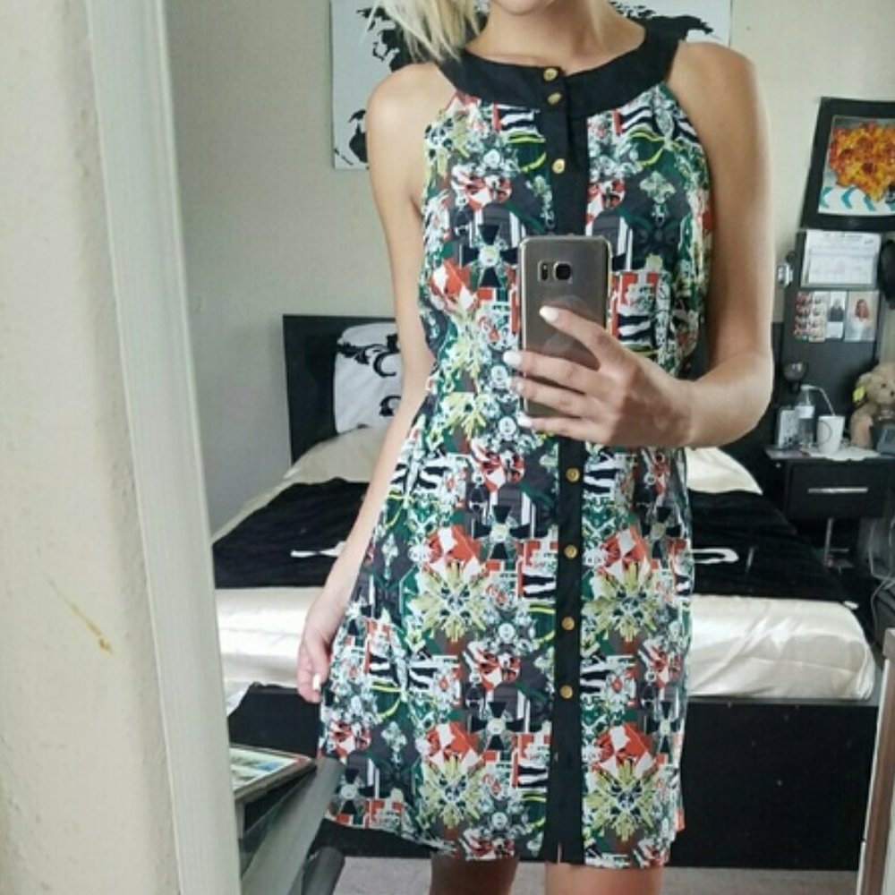 Green geometric summer sleeveless button down dress
